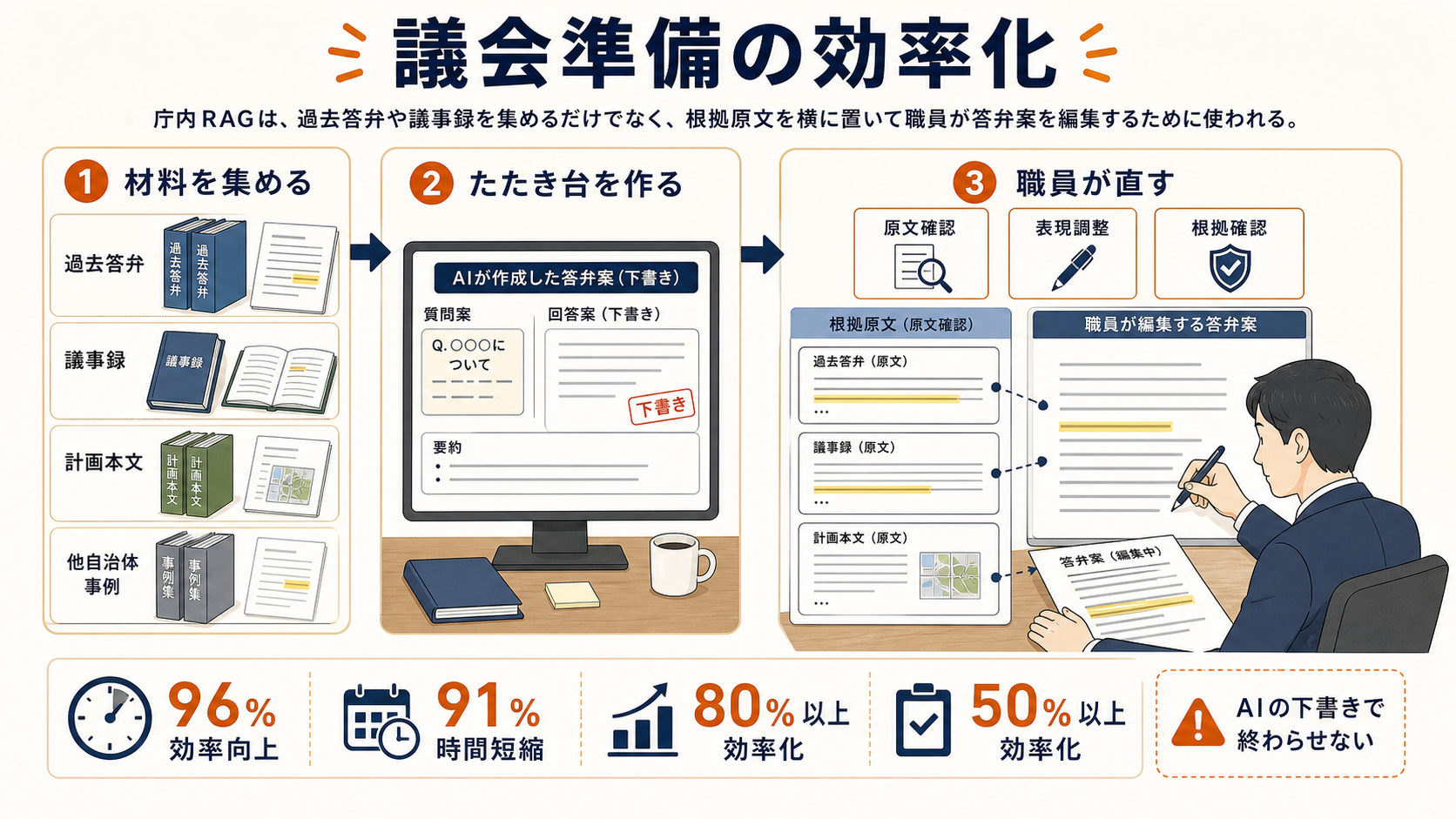 議会準備の効率化。過去答弁、議事録、計画本文、他自治体事例を集め、AIが答弁案の下書きを作り、職員が原文確認、表現調整、根拠確認を行って答弁案を編集する流れを示した図解。