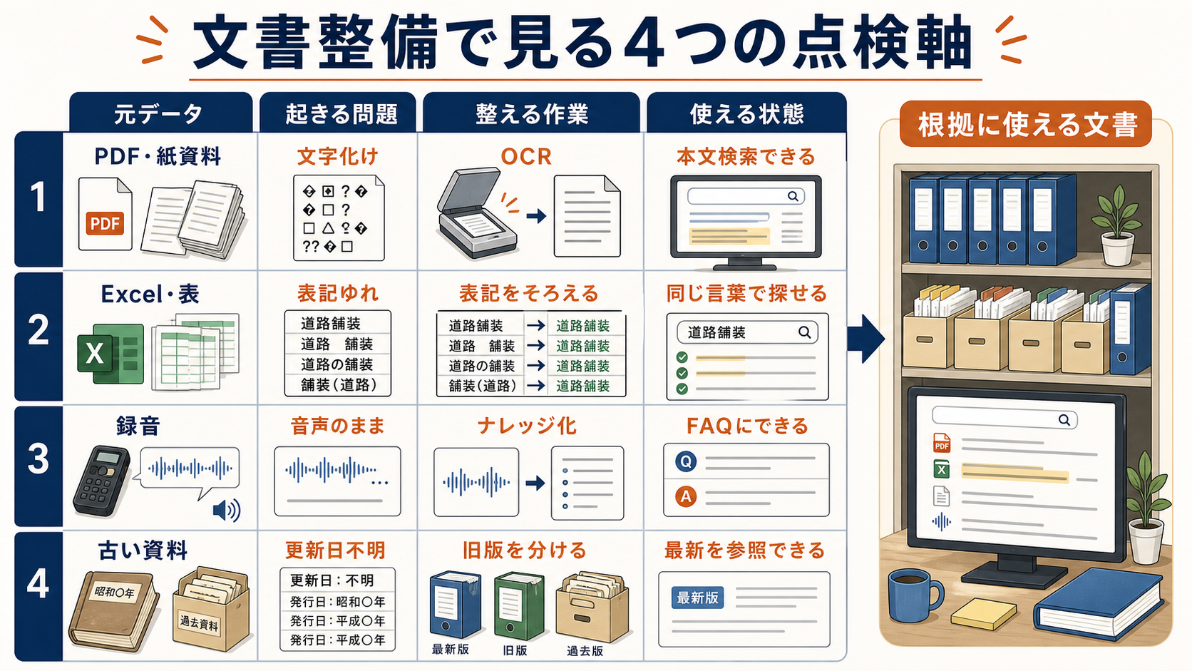 文書の形式変更、表記揺れの整理、ログの知識化、古い情報を混ぜない運用を並べた図解